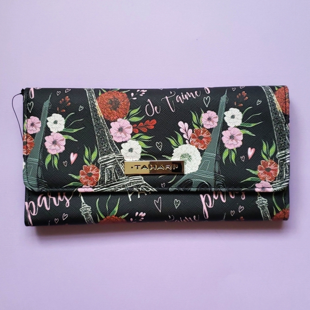 Tahari Trifold RFID Black Multicolor Wallet Floral Paris Scene NWT - Picture 2 of 11
